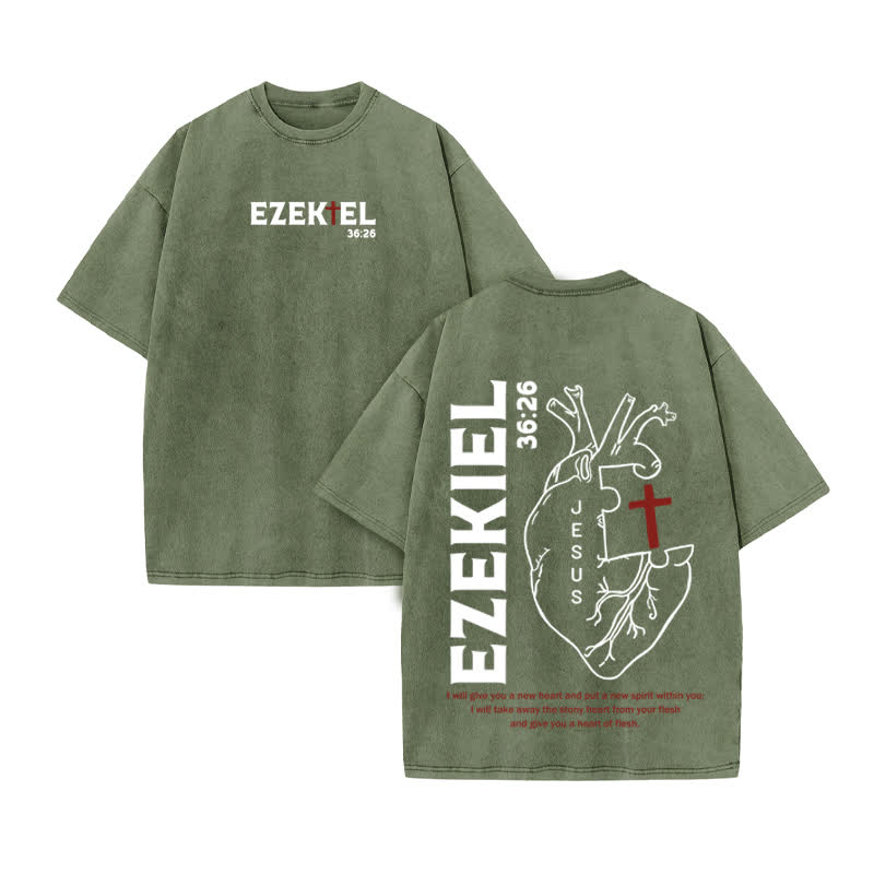 Unisex Ezekiel 36:26 Print Acid Washed T-shirt - Army Green - US20-22(3XL) - image 6