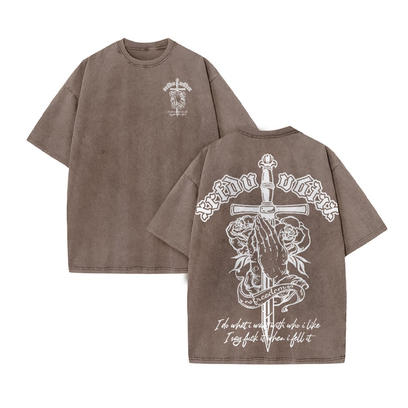 Unisex 100% Cotton Praying Hands Rose Print Acid Washed T-shirt - Coffee - US20-22(3XL) - image 5