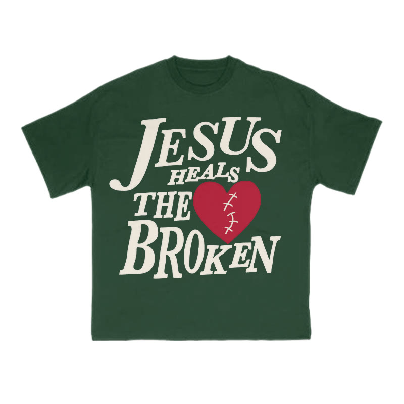 Unisex Jesus Heals The Broken Print T-shirt - Dark Green - US16-18(2XL) - image 11