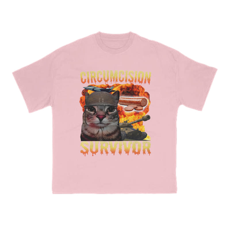 Unisex 100% Cotton Circumcision Survivor Meme Cat Print T-shirt - Pink - US16-18(2XL) - image 7