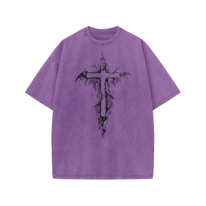 Unisex 100% Cotton Cross In The Crack Print Acid Washed T-shirt - Purple - US20-22(3XL) - image 9