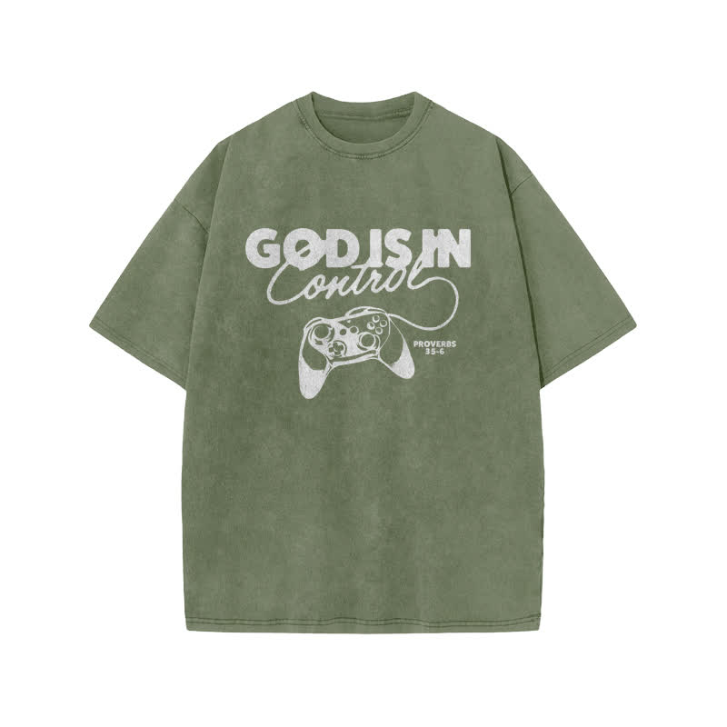 Unisex Cute God Is In Control Print Acid Washed T-shirt - Army Green - US20-22(3XL) - image 5