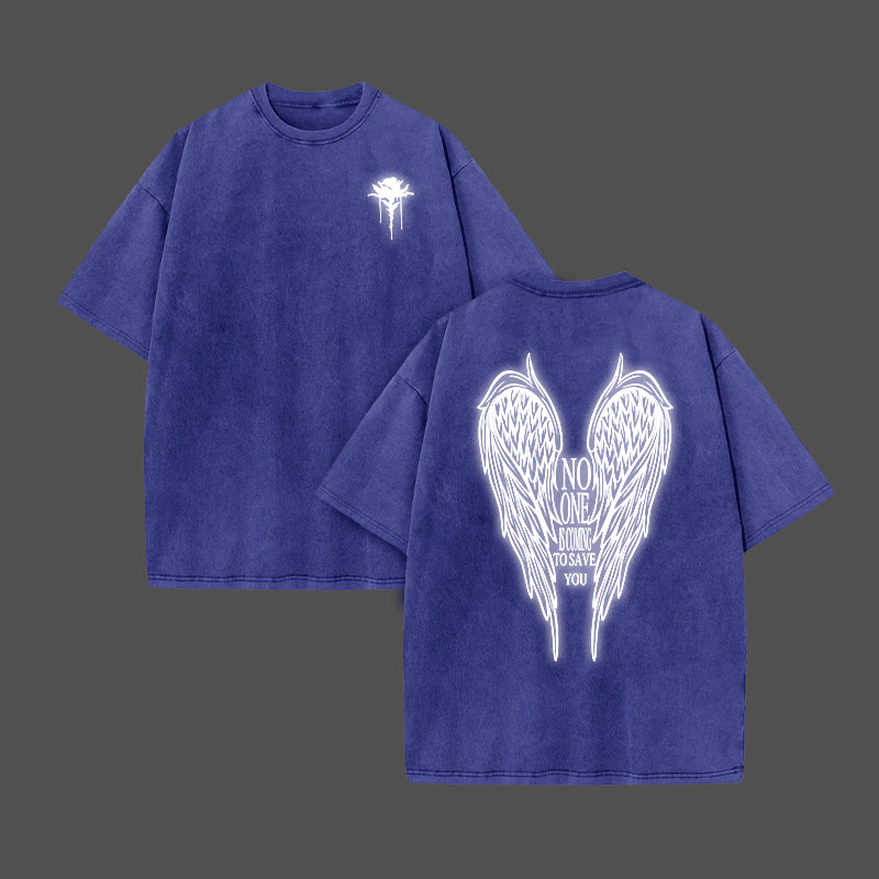 No One Is Coming To Save You Reflective Print Acid Washed T-shirt - Blue - US20-22(3XL) - image 8