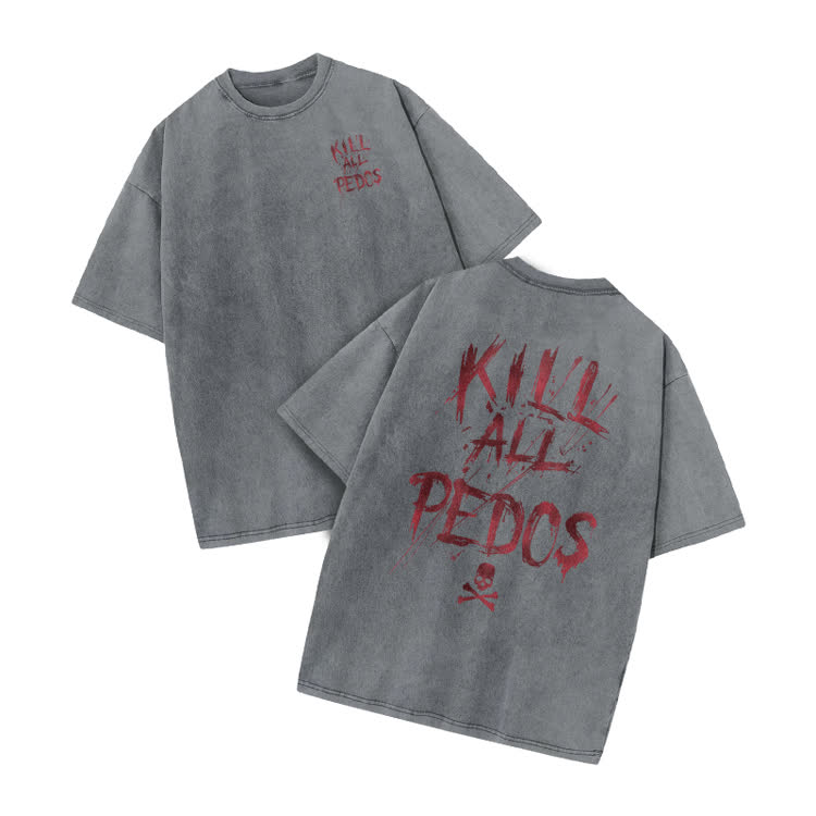 Kill All Pedos Print Acid Washed T-Shirt - Grey - US20-22(3XL) - image 6