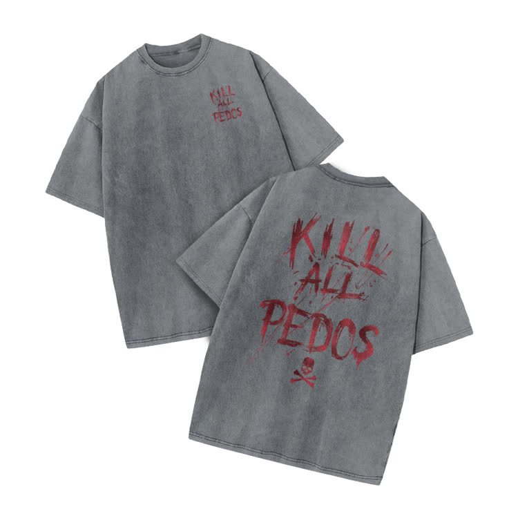  Kill All Pedos Print Acid Washed T-Shirt - Grey - US20-22(3XL) - image 6