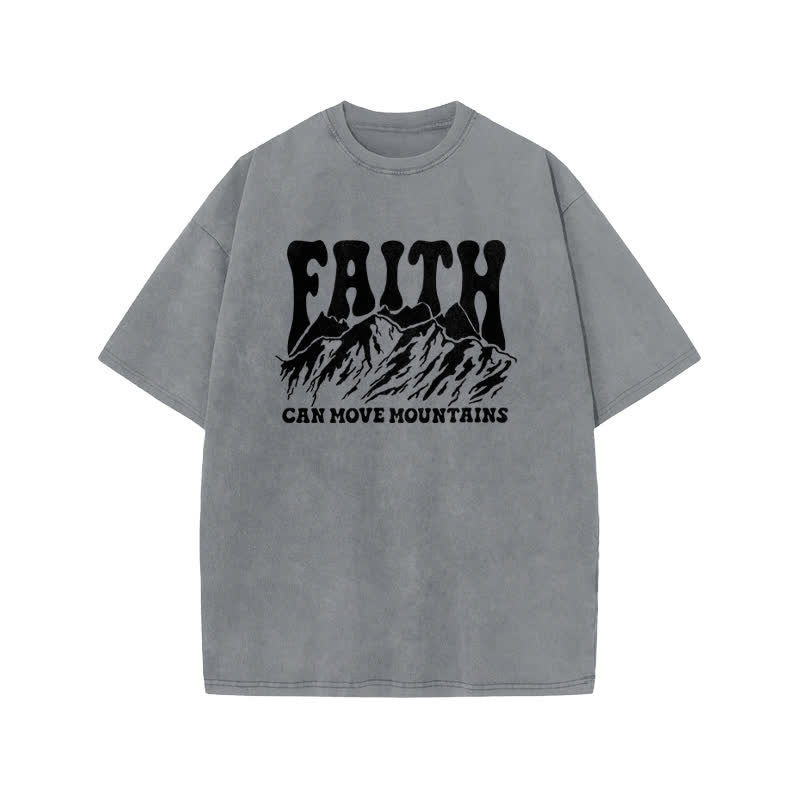 Unisex Faith Can Move Mountains Print Acid Washed T-shirt - Grey - US20-22(3XL) - image 4