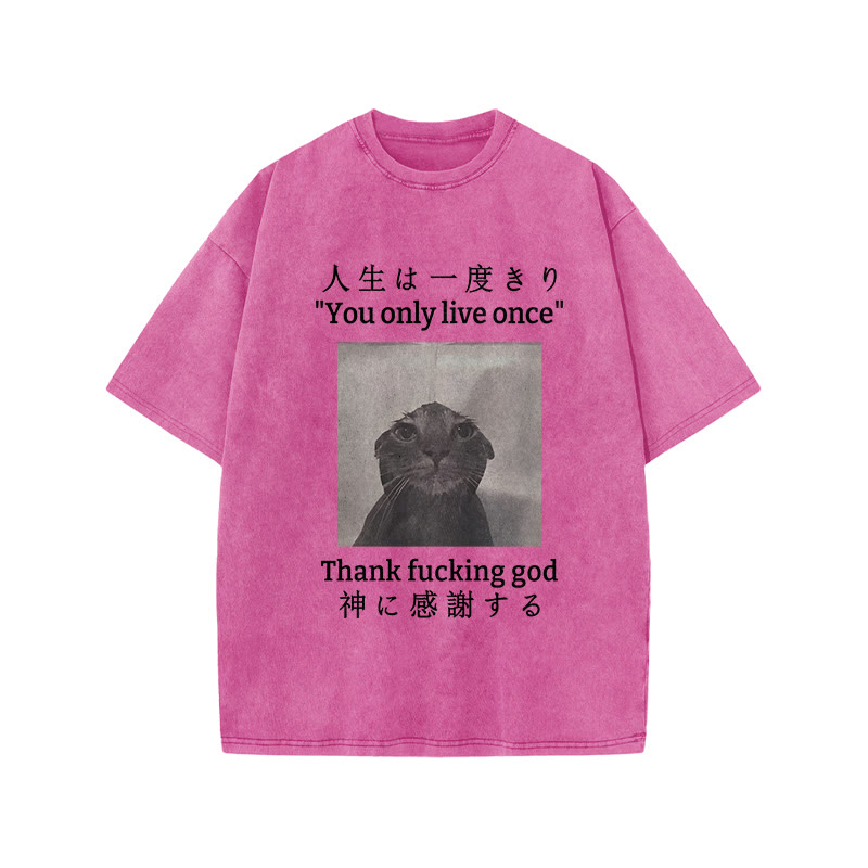 Unisex 100% Cotton Funny Melancholy Cat Print Acid Washed T-shirt