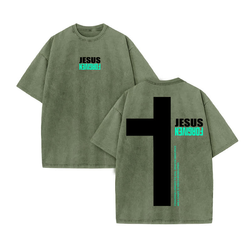 Unisex 100% Cotton Jesus Forgiven Print Acid Washed T-shirt - Army Green - US20-22(3XL) - image 6