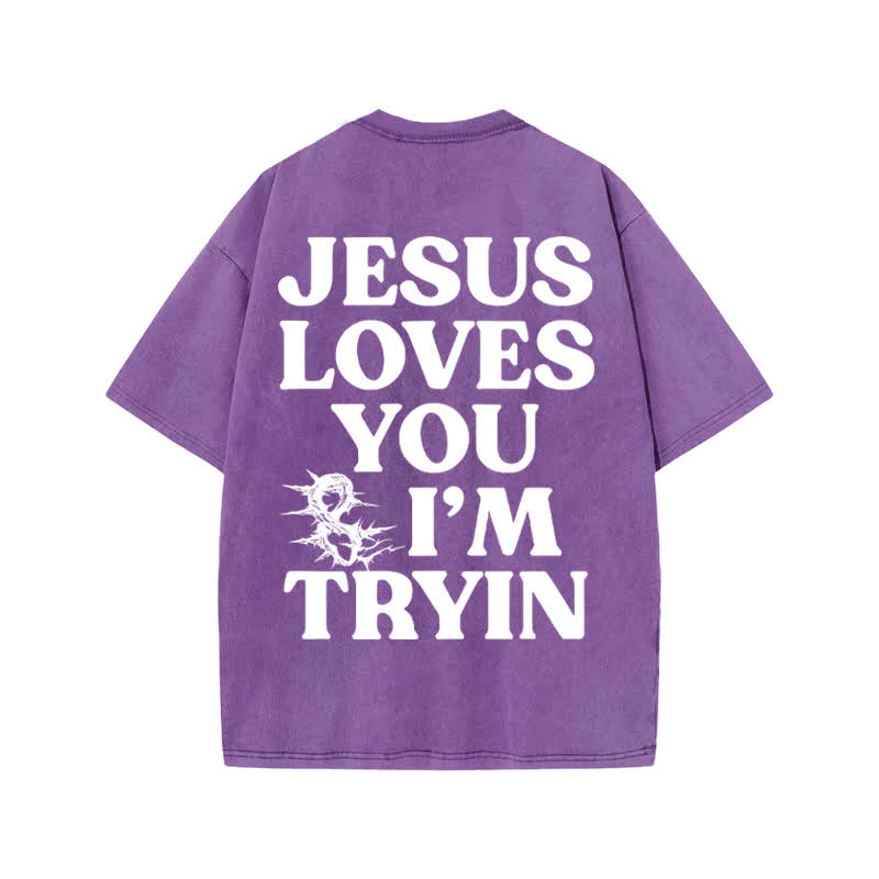 Unisex  Jesus Love You And I 'm Tryin Print Acid Washed T-shirt - Purple - US20-22(3XL) - image 9