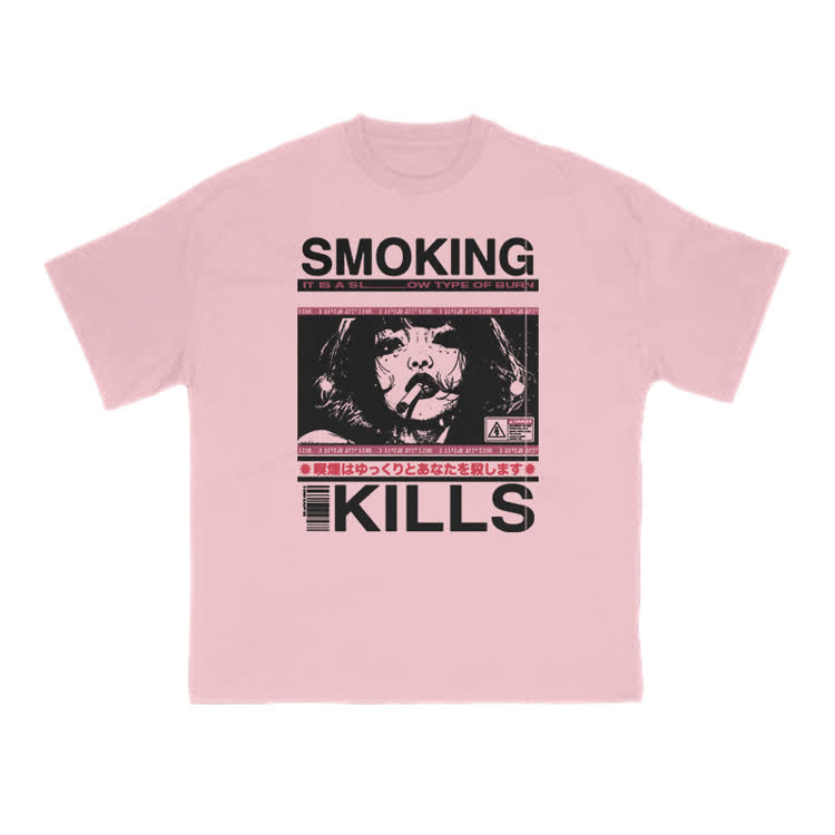 Smoking Kills Retro Manga Style Graphic Print T-Shirt - Pink - US16-18(2XL) - image 10