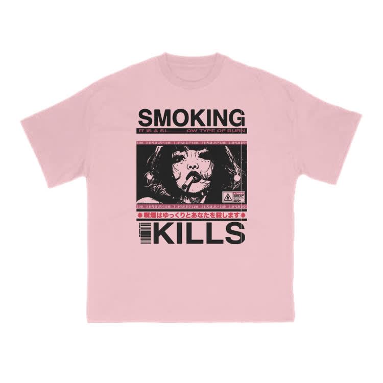 Smoking Kills Retro Manga Style Graphic Print T-Shirt - Pink - US16-18(2XL) - image 10