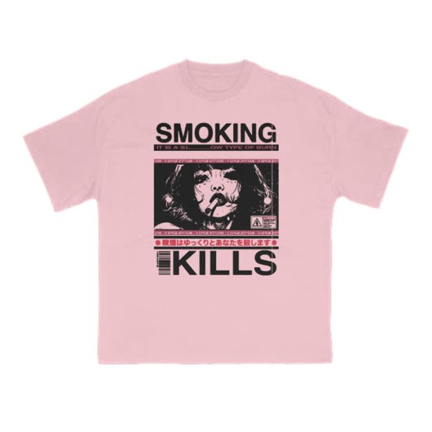 Smoking Kills Retro Manga Style Graphic Print T-Shirt - Pink - US16-18(2XL) - image 10