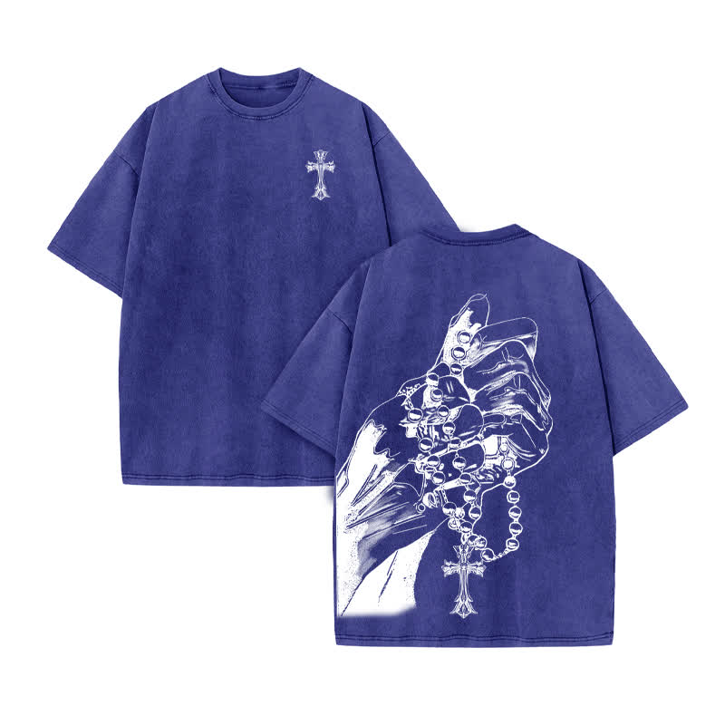 Unisex 100% Cotton Devout Faith Print Acid Washed T-shirt - Blue - US20-22(3XL) - image 10