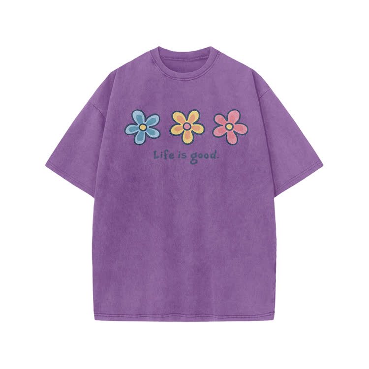 Sunny Bloom Life Is Good Print Acid Washed T-shirt - Purple - US20-22(3XL) - image 7