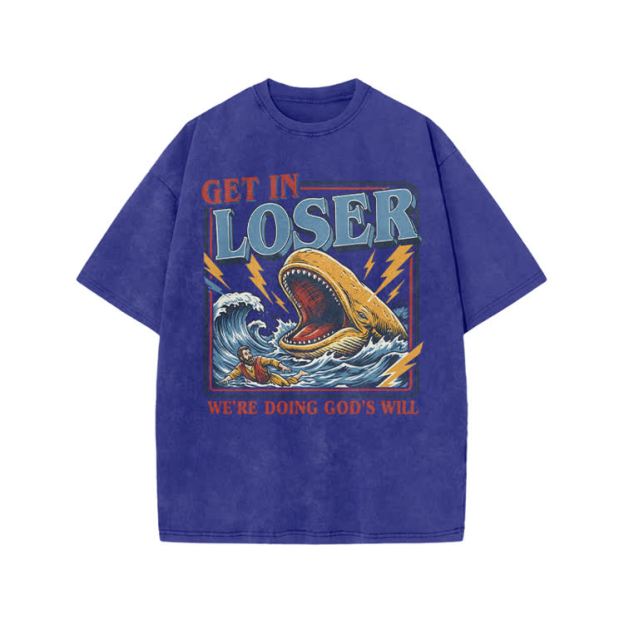 Street Retro Get In Loser Graphic Print Acid Washed T-shirt - Blue - US20-22(3XL) - image 4