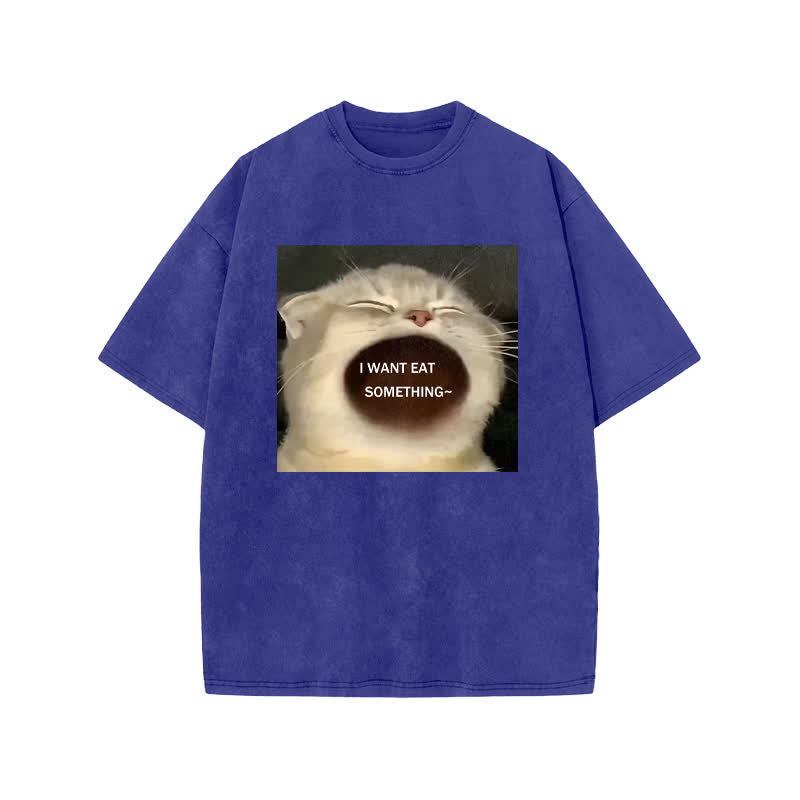 Unisex 100% Cotton Greedy Cat Print Acid Washed T-shirt - Blue - US20-22(3XL) - image 8