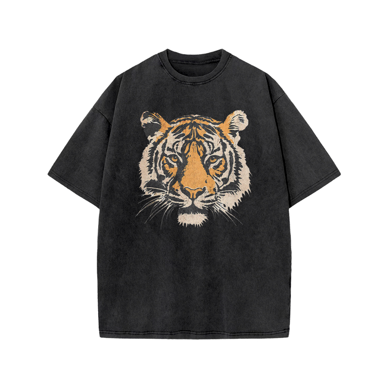 Vintage Tiger Head Round Neck Graphic Print Acid Washed T-Shirt - Black - US20-22(3XL) - image 8