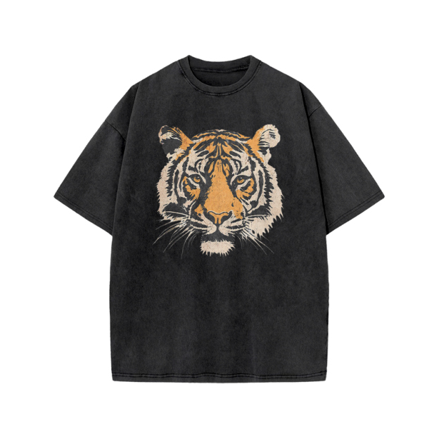 Vintage Tiger Head Round Neck Graphic Print Acid Washed T-Shirt - Black - US20-22(3XL) - image 8