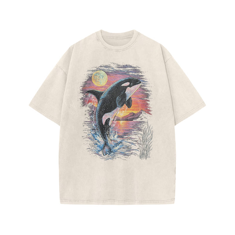 Orca Leaping Out Of The Water Print Acid Washed T-shirt - Beige - US20-22(3XL) - image 3