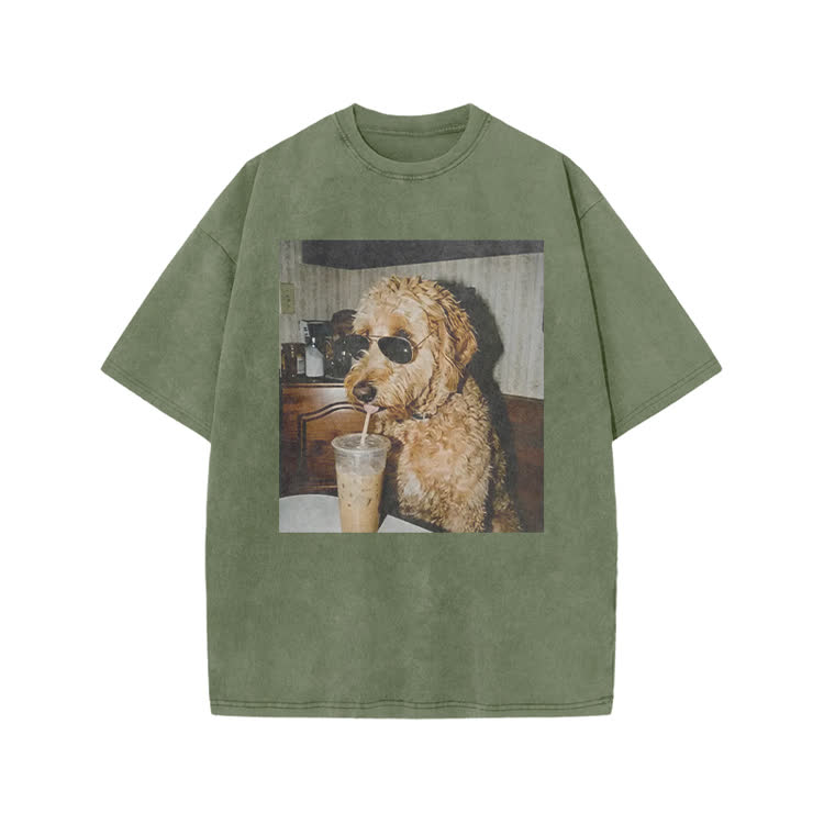 Playful Dog Photo Print Acid Washed T-shirt - Army Green - US20-22(3XL) - image 8
