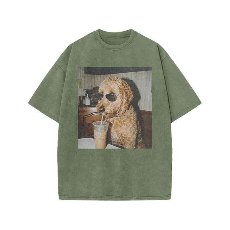 Playful Dog Photo Print Acid Washed T-shirt - Army Green - US20-22(3XL) - image 8