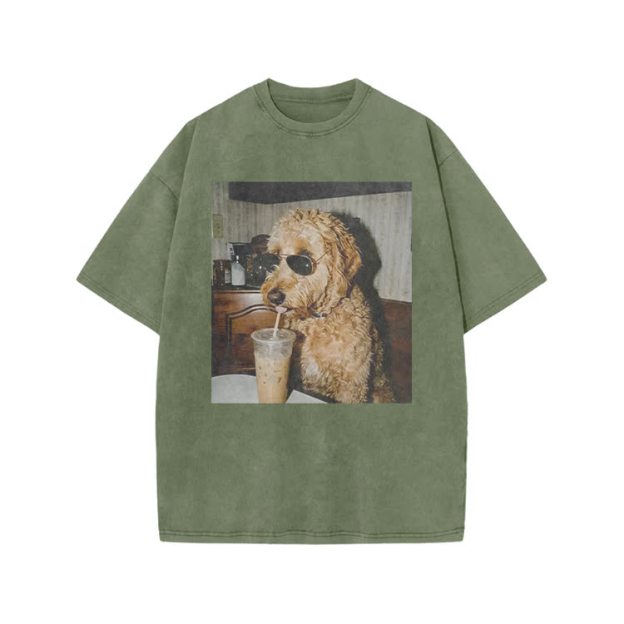 Playful Dog Photo Print Acid Washed T-shirt - Army Green - US20-22(3XL) - image 8