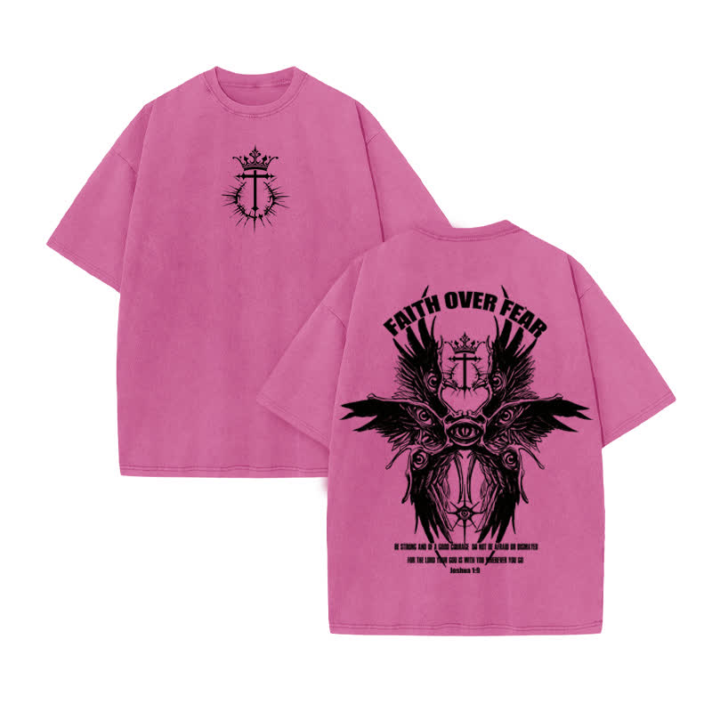 Unisex 100% Cotton Faith Over Fear Seraphim Print Acid Washed T-shirt - Pink - US20-22(3XL) - image 8