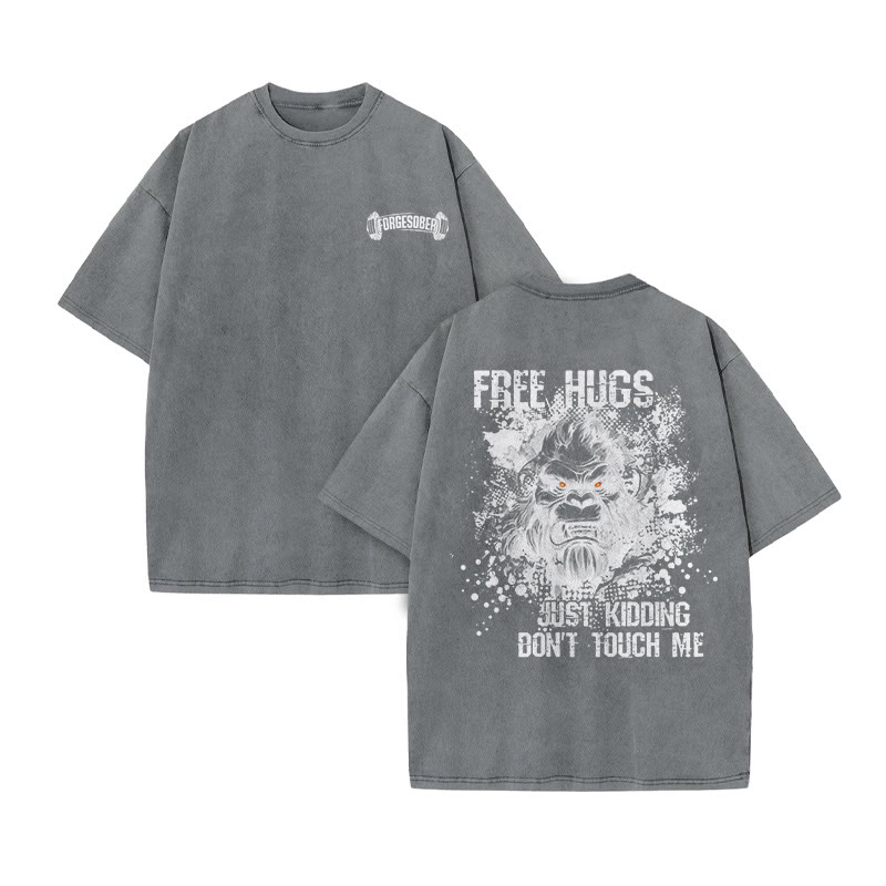 100% Cotton Free Hugs Gym Print Acid Washed T-shirt - Grey - US20-22(3XL) - image 5