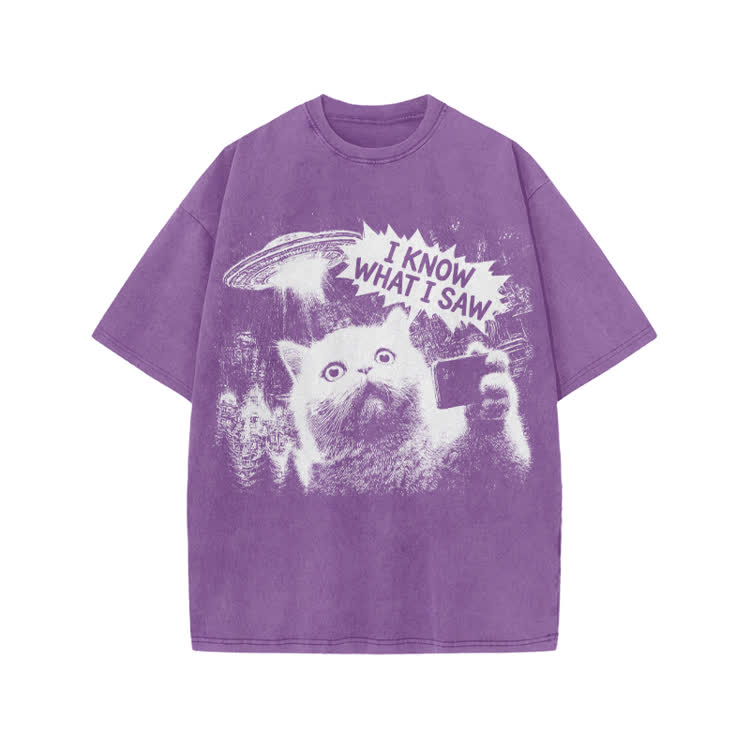 Sci Fi UFO Cat Graphic Washed T-Shirt - Purple - US20-22(3XL) - image 8
