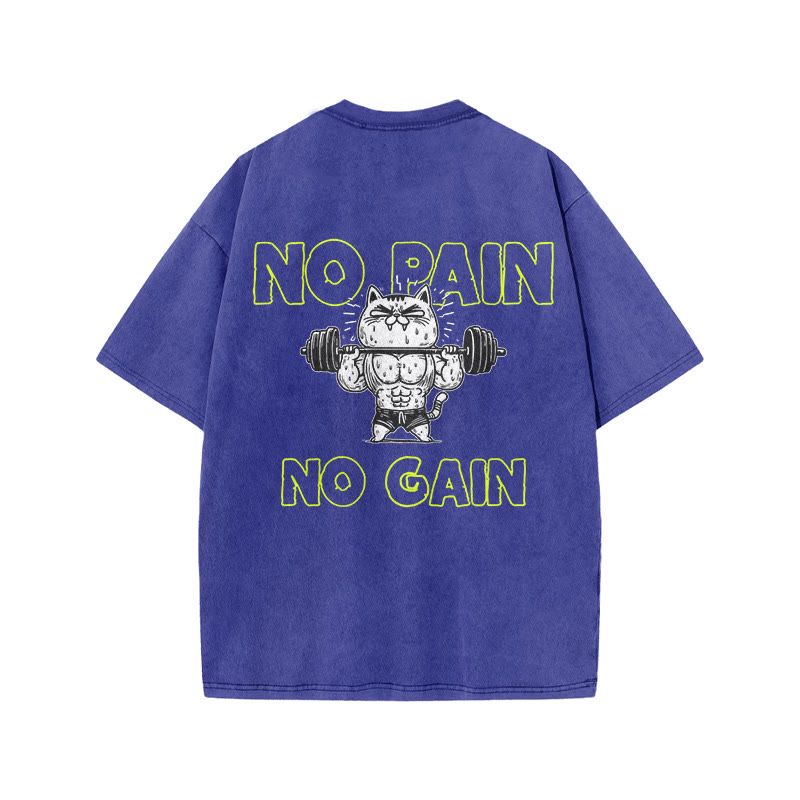 100% Cotton NO PAIN NO GAIN Gym Print Acid Washed T-shirt - Blue - US20-22(3XL) - image 7