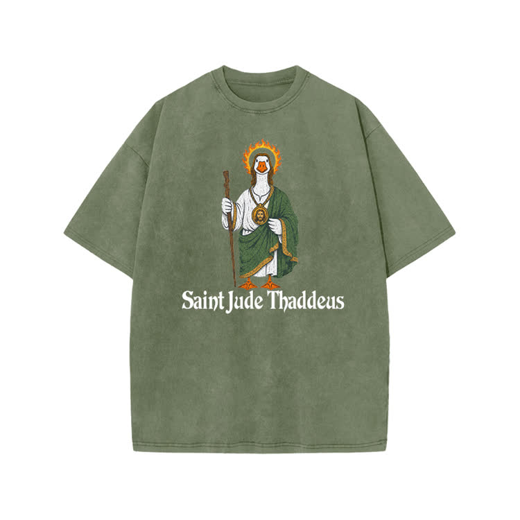 Vintage Saint Jude Thaddeus Graphic Print Acid Washed T-shirt - Army Green - US20-22(3XL) - image 3