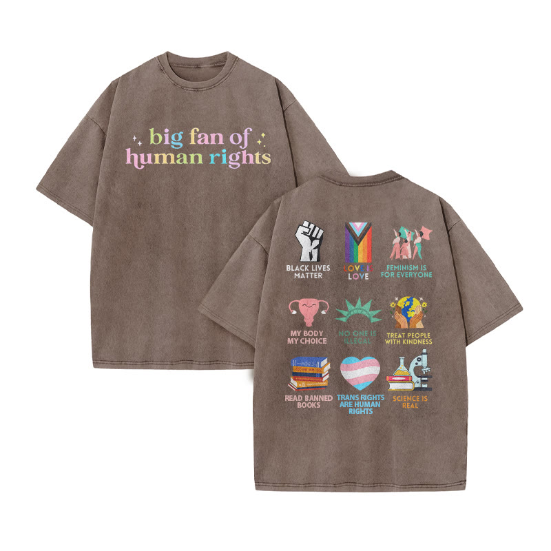 Big Fan Of Human Rights Print Acid Washed T-shirt - Coffee - US20-22(3XL) - image 5