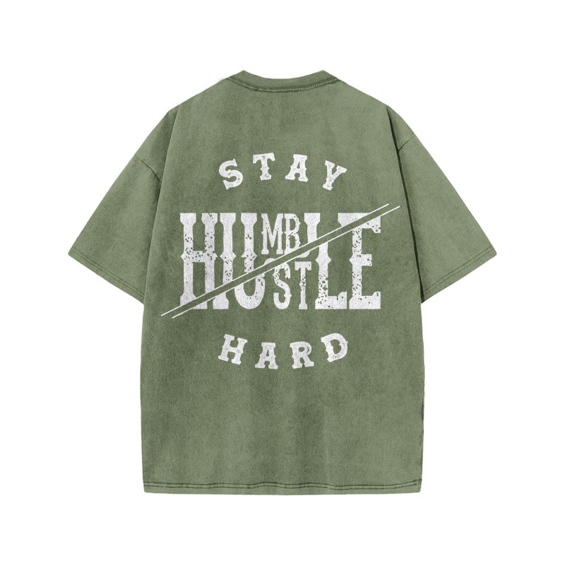 100% Cotton Stay Humble Gym Print Acid Washed T-shirt - Army Green - US20-22(3XL) - image 6