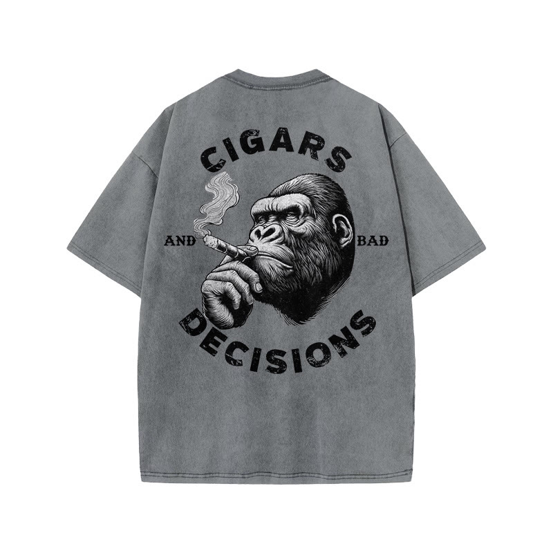 Gym 100% Cotton CIGARS DECISIONS Print Acid Washed T-shirt - Grey - US20-22(3XL) - image 4