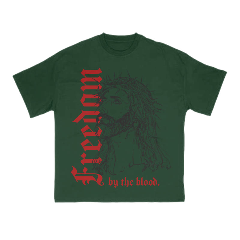 Unisex 100% Cotton Freedom By The Blood Print T-shirt - Dark Green - US16-18(2XL) - image 9