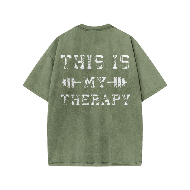 100% Cotton This  Is My Therapy Lift Gym Print Acid Washed T-shirt - Army Green - US20-22(3XL) - image 6