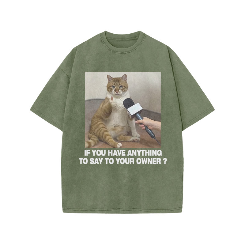 Unisex 100% Cotton Interviewed Cat Print Acid Washed T-shirt - Army Green - US20-22(3XL) - image 4
