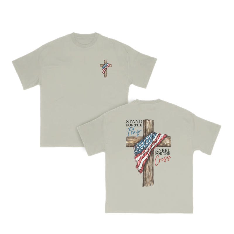 Unisex 100% Cotton Stand For The Flag Kneel For The Cross Print T-shirt - Warm Grey - US16-18(2XL) - image 5