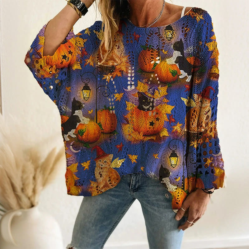 Hollow Halloween Pumpkin And Bat Print Sweater - Blue - 2XL - image 5