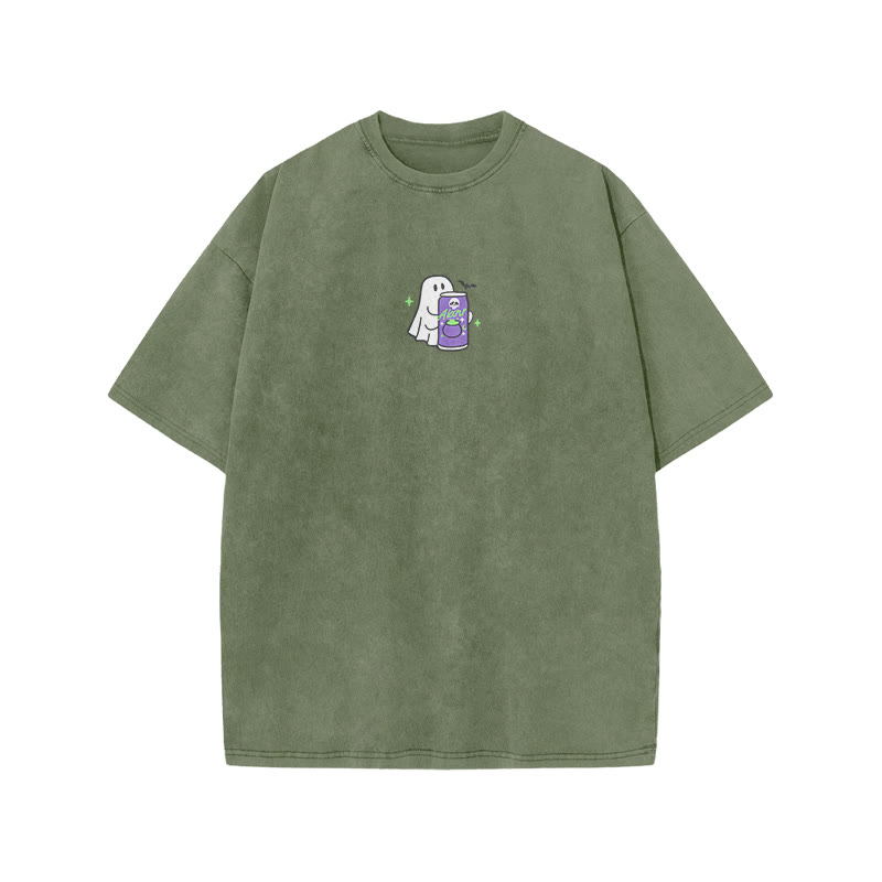 Unisex 100% Cotton Cute Ghost Print Acid Washed T-shirt - Army Green - US20-22(3XL) - image 6