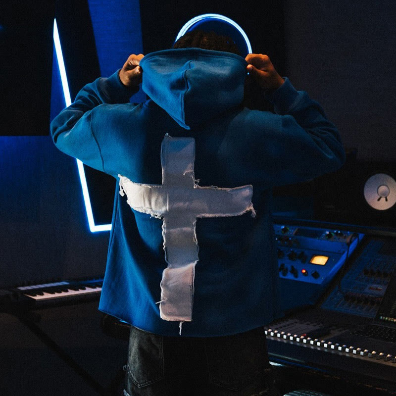 Street Style Just Here To Give God Glory Cross-letter Patch Embroidered Loose Unisex Hoodie