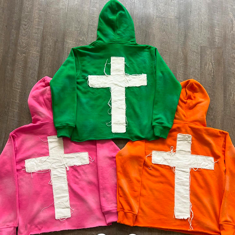 Street Style Just Here To Give God Glory Cross-letter Patch Embroidered Loose Unisex Hoodie