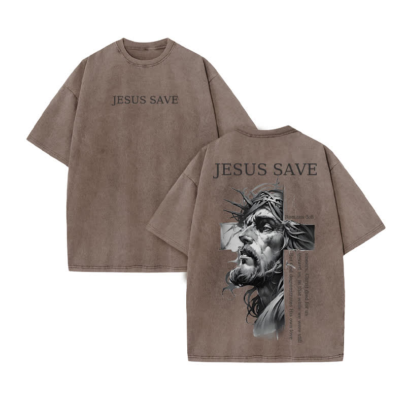 Unisex 100% Cotton Jesus Save Print Acid Washed T-shirt - Coffee - US20-22(3XL) - image 4