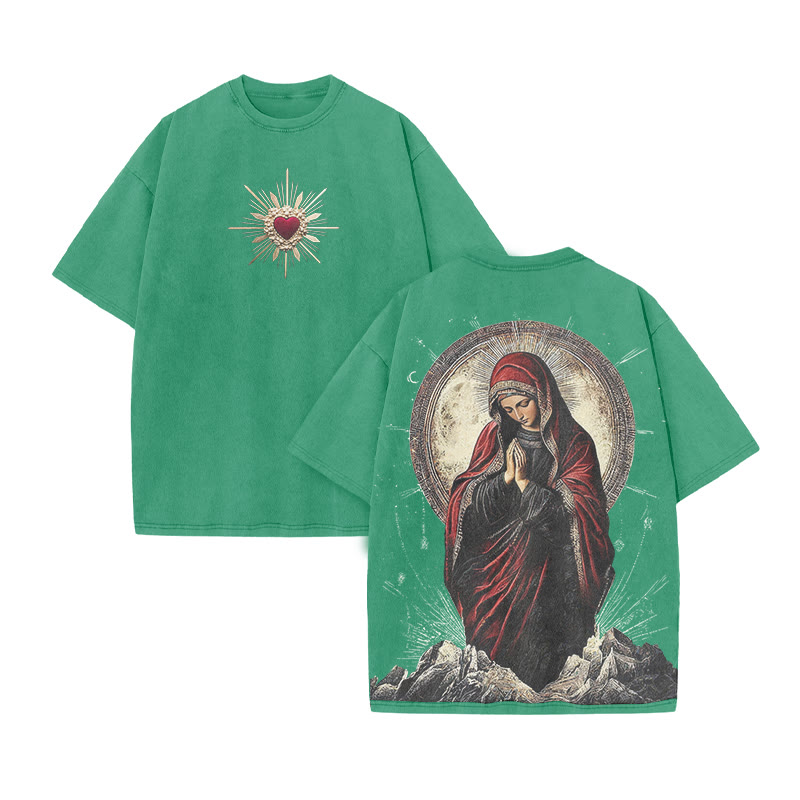 Virgin Mary Religious Streetwear Print Acid Washed T-shirt - Green - US20-22(3XL) - image 7