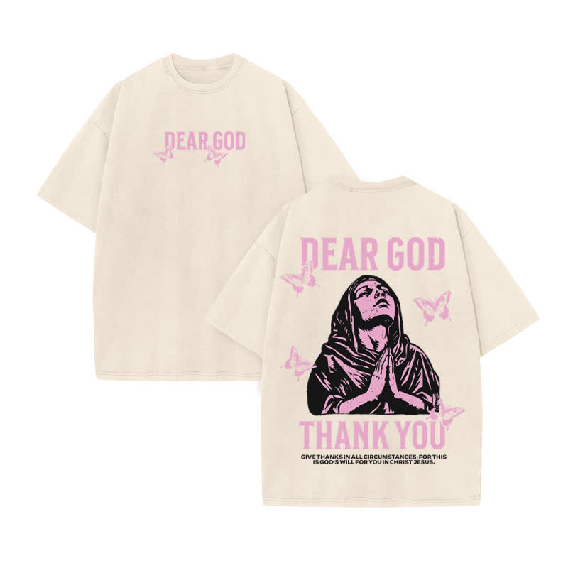 Unisex Thank You Dear God Print Acid Washed T-shirt - Beige - US20-22(3XL) - image 3