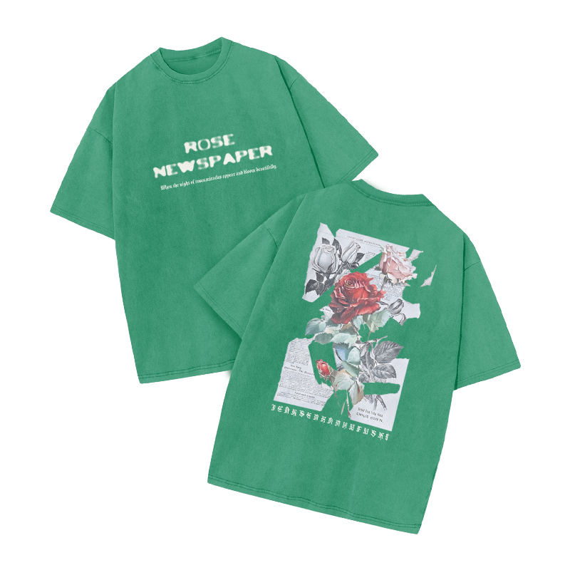 Rose Newspaper Print Acid Washed T-shirt - Green - US20-22(3XL) - image 8