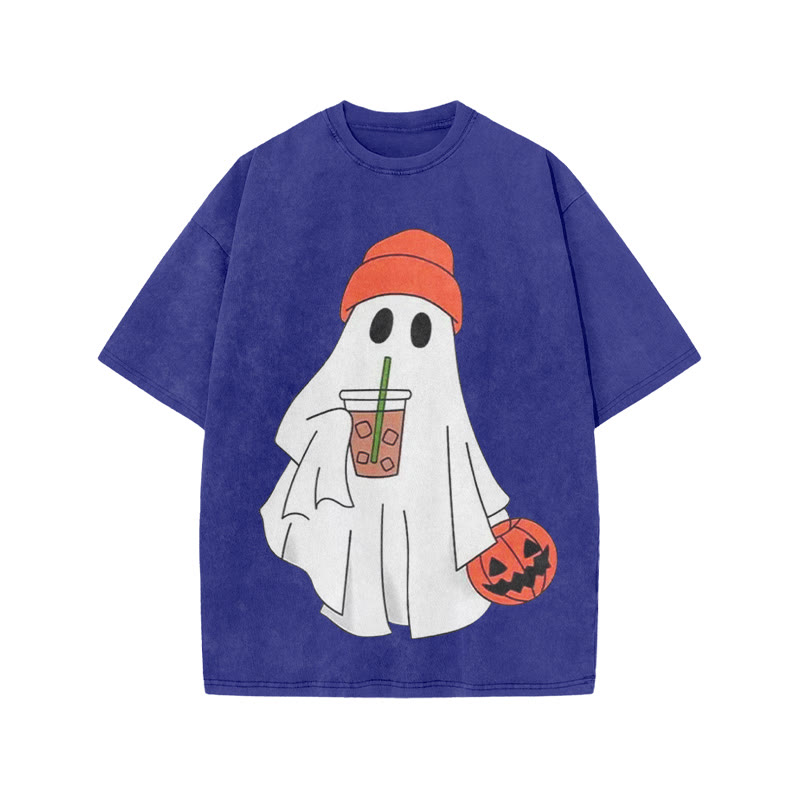 Unisex Halloween Ghost Drinking Coffee Print Acid Washed T-shirt - Blue - US20-22(3XL) - image 7