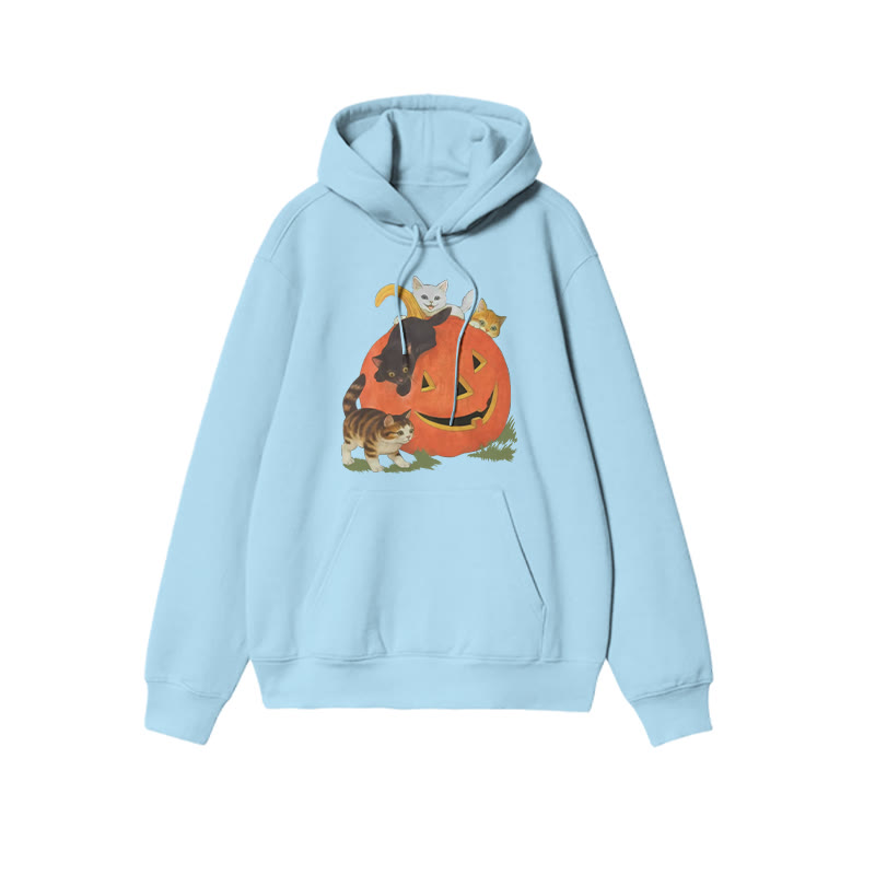 Unisex Cats Playing On Pumpkins Halloween Print Hoodie - Blue - US16-18(2XL) - image 8