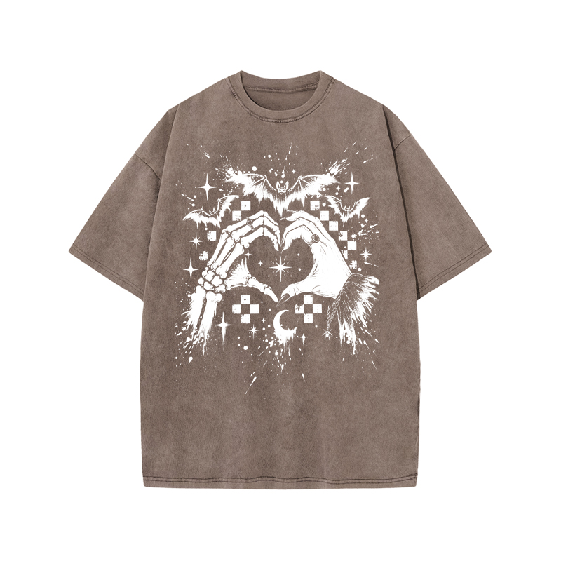 Gothic Heart Hands Round Neck Graphic Print Acid Washed T-Shirt - Coffee - US20-22(3XL) - image 8