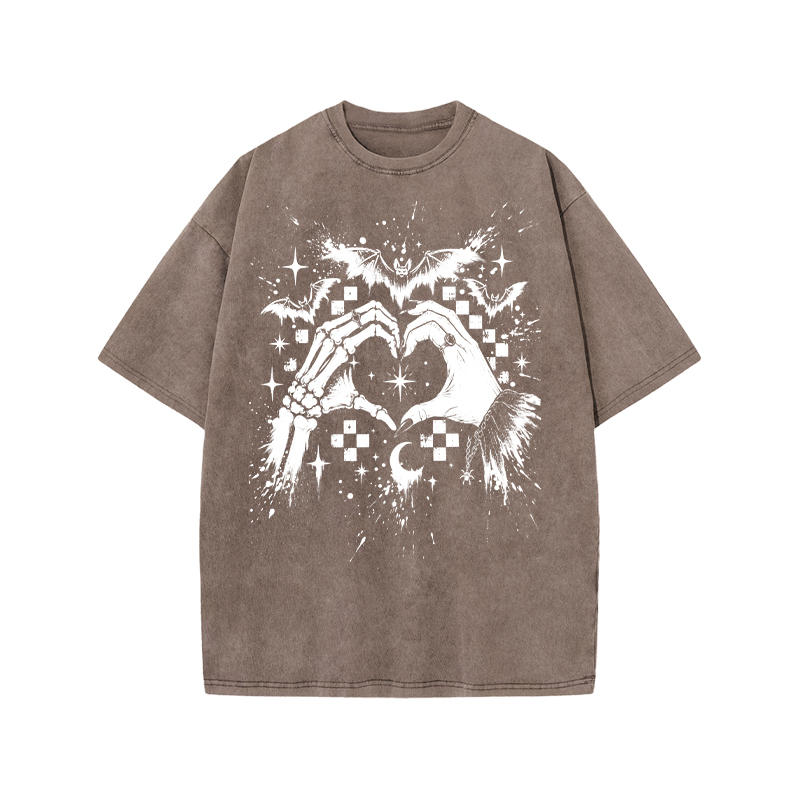 Gothic Heart Hands Round Neck Graphic Print Acid Washed T-Shirt - Coffee - US20-22(3XL) - image 8
